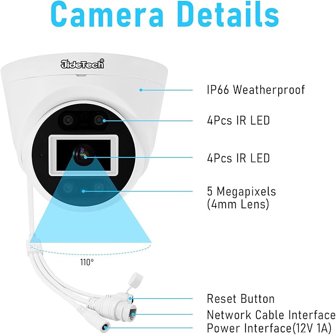 JideTech 8MP PoE IP Turret Camera Outdoor, Metal 4K IP Dome Camera Indoor, 2.8mm Lens Wide Angle, Human Vehicle Motion Detection, 98ft Dual Light Color Night Vision, IP66, RTSP,for Onvif NVR