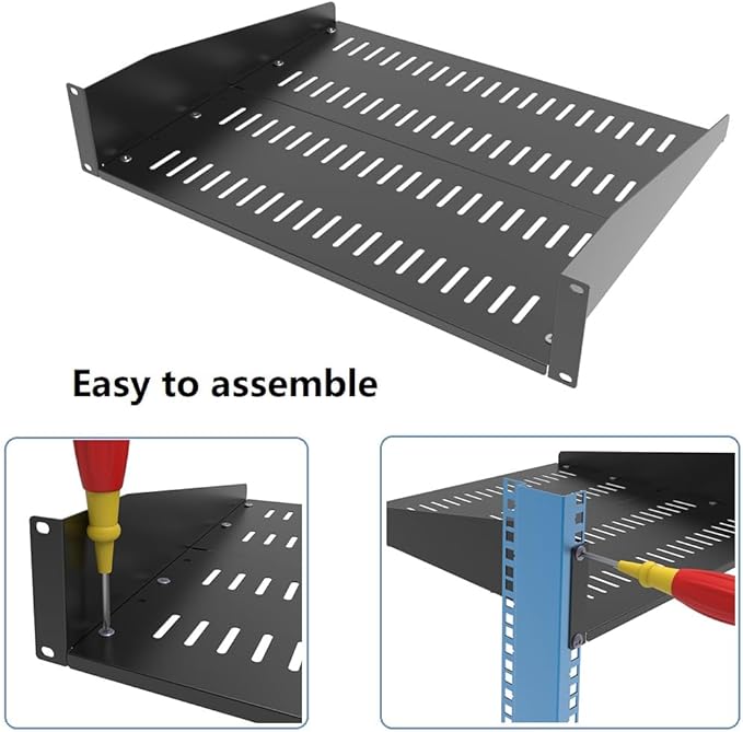 JINGCHENGMEI 2U Vented Server Rack Shelf- Deep Adjustable Universal Rack Mount Cantilever Tray for 19" Network Equipment Rack & Cabinet,16 inches Deep, Black (2U16Inch)