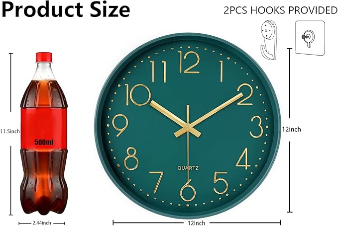 Modern Silent Wall Clock, 12 Inch Wall Clocks Battery Operated Large Number, Non-Ticking Analog Clock with Tempered Glass Quartz Clocks for Living Room Bedroom Office Kitchen, Dark Green