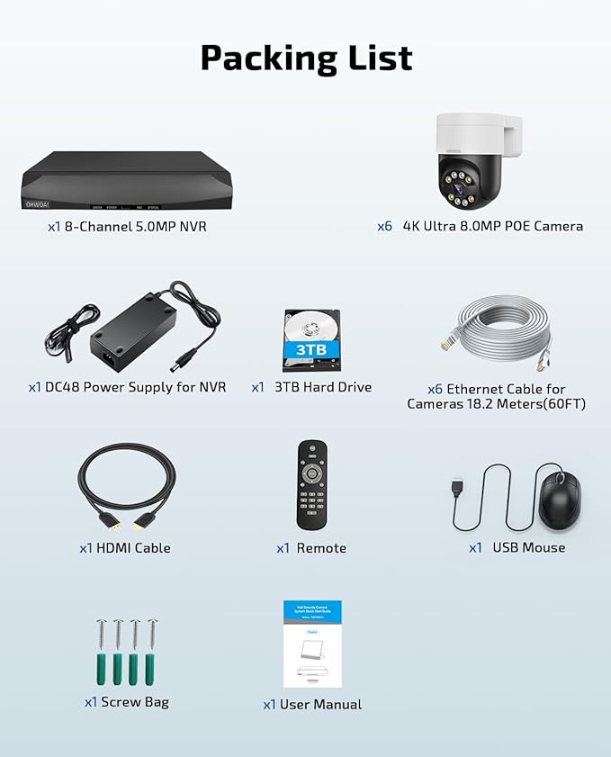OHWOAI 《2-Way Audio & Smart Auto Tracking》4K Outdoor Wired Security Camera System,360 Degrees Security PTZ IP Cameras,Surveillance Video Equipment, Surveillance DVR Kits