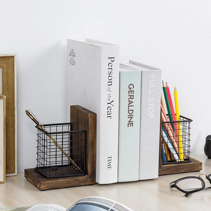 MyGift Rustic Burnt Wood Decorative Bookends for Heavy Books with Matte Black Metal Wire Basket Pencil Cup and Office Supplies Storage Baskets, 1-Pair