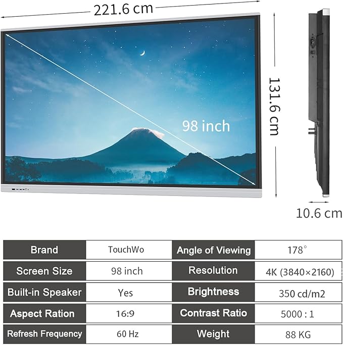 98" Touchscreen Monitor Smart Board, 4K Interactive Presentation Electronic Whiteboard with Android 13, Digital Signage Display for Office, Classroom,RAM 4GB+ ROM 32GB