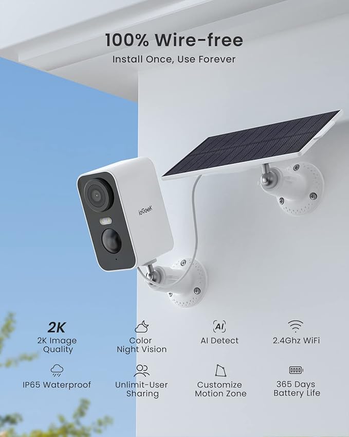 ieGeek Solar Security Cameras Wireless Outdoor, 2 Pack 2K WiFi Battery Camera System for Home Surveillance, Battery Powered Cam with 3MP Color Night Vision, PIR, AI, 2-Way Talk, IP65, Works with Alexa