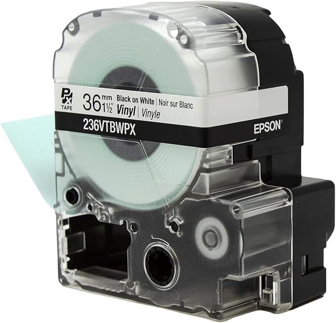Epson LABELWORKS 236VTBWPX Genuine Tape Cartridge - Black on White Flexible and Durable Vinyl Industrial Label Maker Tape - 1.5" (36MM) Wide, 22.9 ft