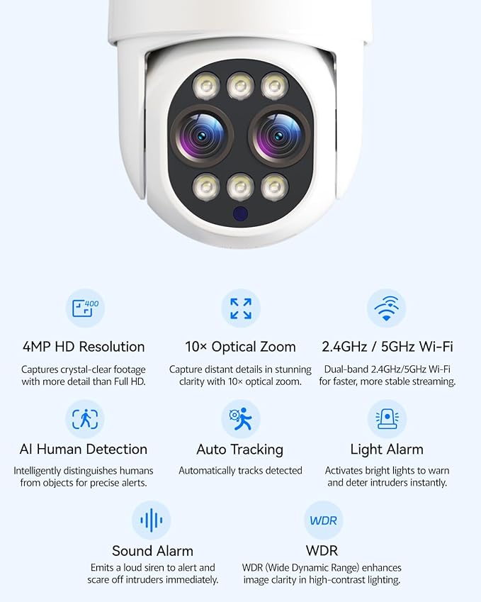 Wireless Security Camera Outdoor, 4MP 10x Optical Zoom Dual Lens WiFi Cameras for Home Security 360° PTZ Surveillance, Color Night Vision, Auto Tracking, Human Detection, 2.4Ghz & 5Ghz WiFi