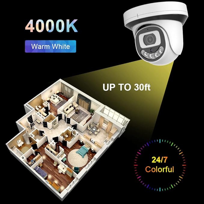 EVERSECU 1080P 24/7 Full-time Color Night Vision Indoor HD Analog Dome Security Camera with Warm Light LEDs, 2MP (HD-TVI/AHD/CVI/Analog) 4-in-1 CCTV Camera with 2.8mm Lens Wide Angle