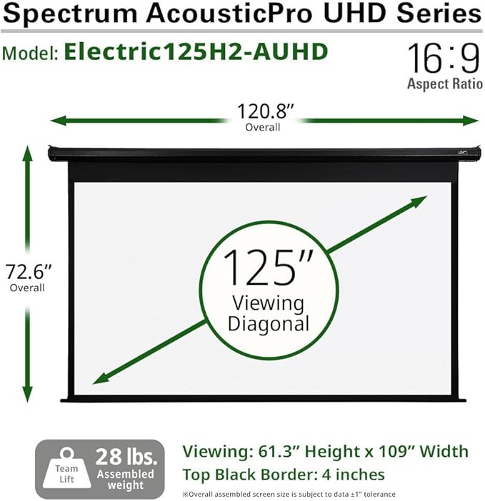 Elite Screens Acoustically Sound Transparent Spectrum Electric AcousticPro UHD,125-INCH Motorized Projector Screen Moiré-Free Perforated Weave Home Movie Cinema, ELECTRIC125H2-AUHD