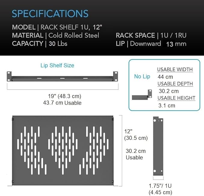 Beiyier 2PCS 1U Server Rack Shelf, Suitable for 19" Network Equipment Racks and Cabinets, Ventilated Cantilever Tray, Depth of 12 inches, Well-Ventilated (Black)