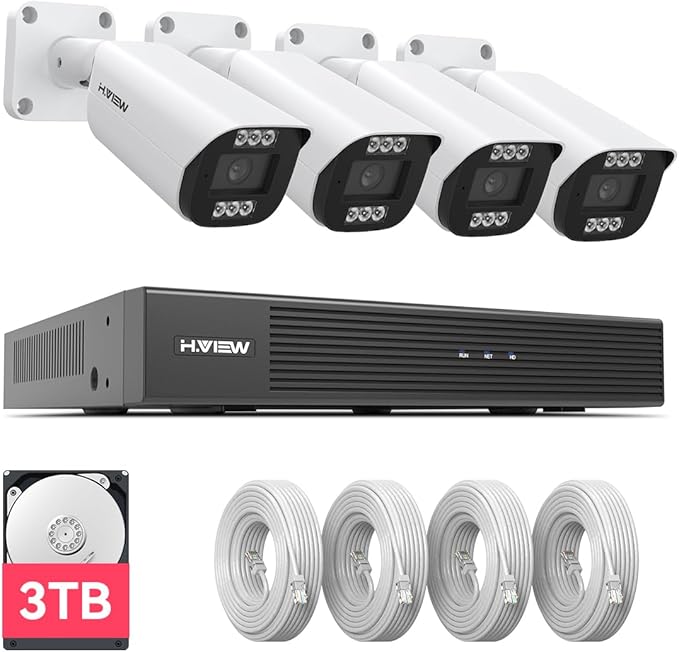 H.VIEW 4K 8MP 8CH POE NVR Security Camera System (16CH Expandable), 4 x 8MP PoE IP Bullet Cameras Outdoor Indoor, AI Human/Person/Face Detection, Two-Way Audio, 100ft IR Night Vision, 3TB HDD