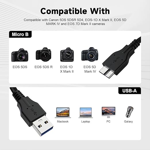 USB A to Micro B Cable, 5Gbps External Hard Drive Cable Cord USB 3.0 to Micro B Lead Compatible with Nikon Canon Camera, Western, WD Elements, Seagate Expansion, Toshiba Canvio, Westgate