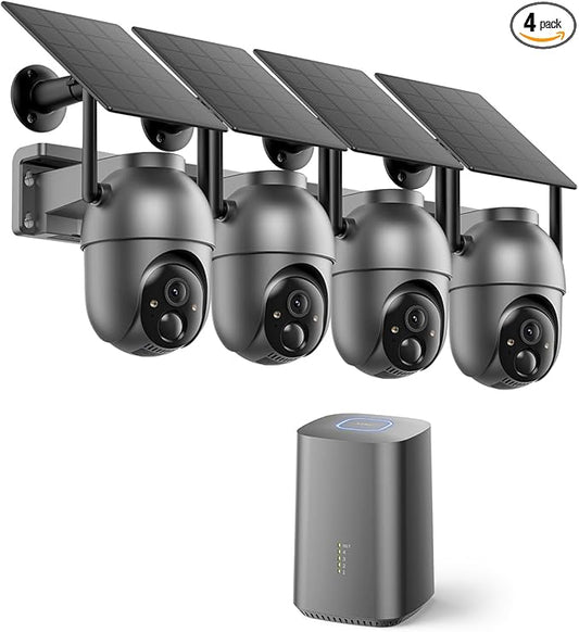 SEHMUA Security Cameras Wireless Outdoor-4-cam kit, No Monthly Fee, Solar Powered, Colorful Night Vision, 360° PTZ, 4MP Live View, Centralized Control, 2.4G&5G Router Compatible for Security System
