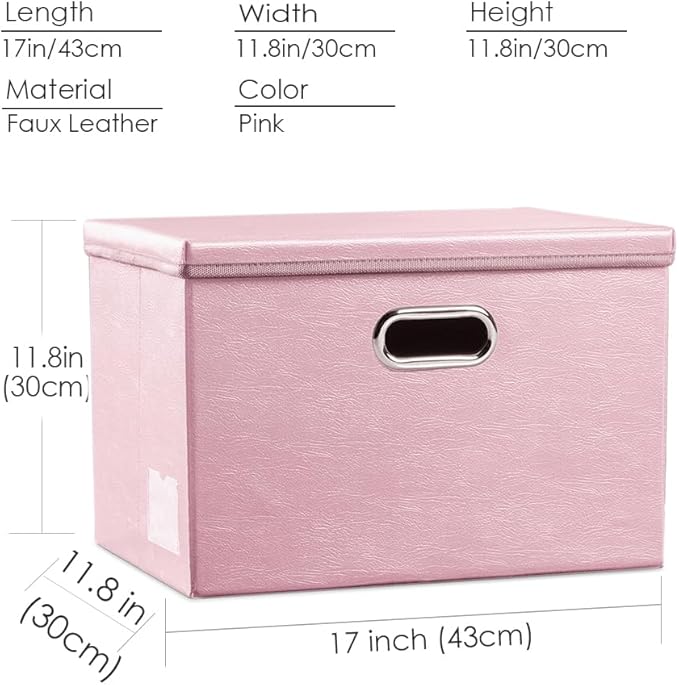 PRANDOM Large Collapsible Storage Box with Lid [1-Pack] Leather Fabric Foldable Storage Bin Organizer Container Basket Cube with Cover for Home Bedroom Closet Office Nursery Pink (17.7x11.8x11.8)