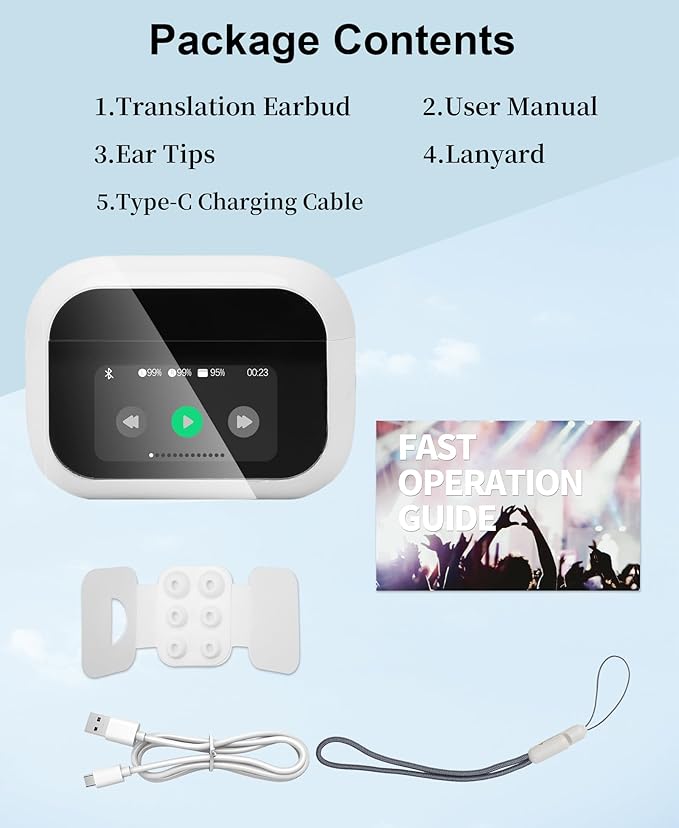 Ai Translation Earbuds Real Time 144-Language Translator Earbuds with Accent Support and 8-Language Offline Translator Device Two Way Translation Headphones for Language Learning Travel Business White