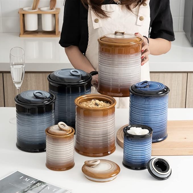 Nihow Ceramic Food Storage Jar: 22 FL OZ Container with Air Tight Ceramic Lid for Coffee/Salt/Peper/Tea/Sugar/Spice - Seal Damp-proof Canisters Sets for The Kitchen - Piece of 1 (Brown)