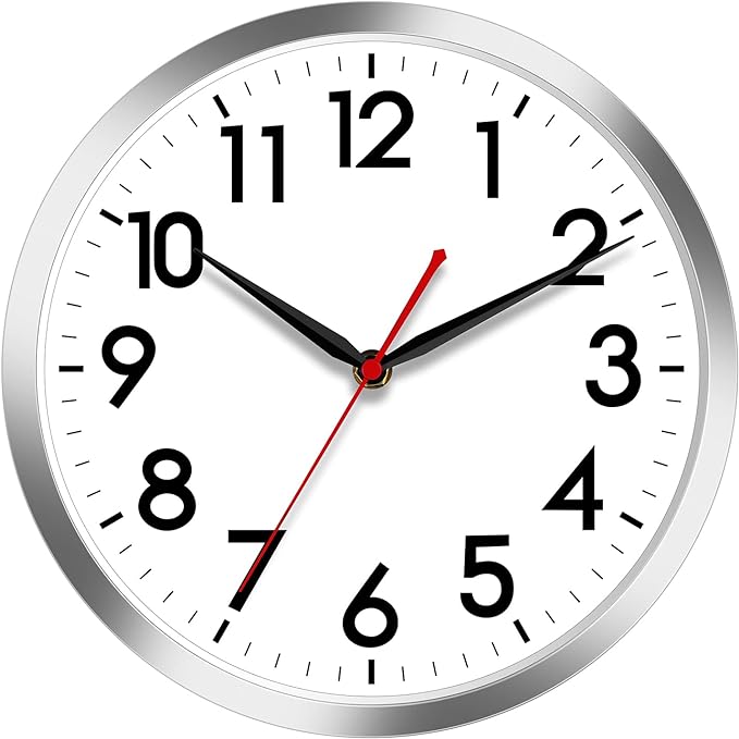 AKCISOT Wall Clock 14 Inch Large Silent Wall Clocks Battery Operated, Silver Modern Non-Ticking Clock Decorative for Living Room,Kitchen,Bathroom,Bedroom,Office,Home,Classroom,School