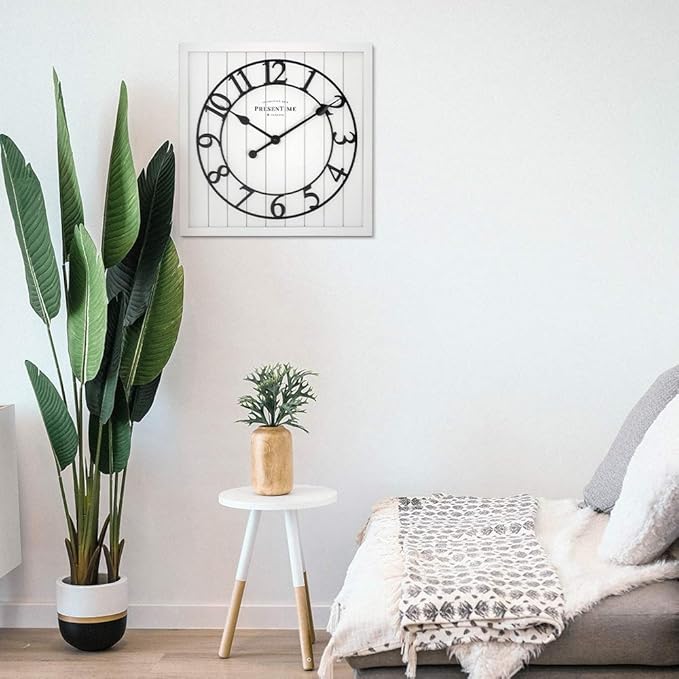 Presentime & Co 21" Farmhouse Square Shiplap Barn Door Wood Clock - White, Arabic Numeral. Home Decoration/Wall Decoration/Farmhouse Décor for Living Room, Dining Room, and Entryway.
