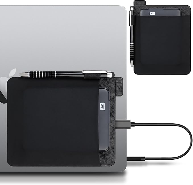 Lacdo Portable External Hard Drive Sleeve for Laptop, Stick on Pouch Holder with Reusable Adhesive, Fit 2.5" Seagate, WD, Toshiba, LaCie External HDD, SSD, Wireless Mouse, Cables, with Pen Loop, Black
