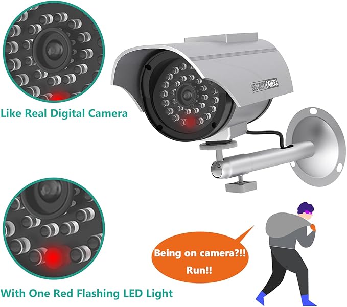 WALI Solar Powered Bullet Dummy Fake Simulated Surveillance Security CCTV Dome Camera Indoor Outdoor with 1 LED Light, Security Alert Sticker Decal (SOLTC-S4), 4 Packs, Silver