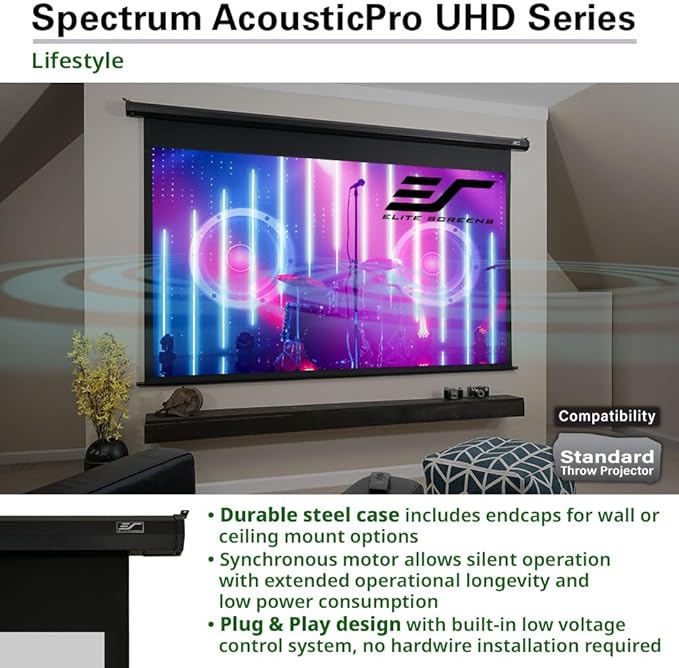 Elite Screens Spectrum AcousticPro UHD, 135-INCH Motorized Electric Projector Screen Moiré-Free Sound Transparent Perforated Weave Movie Home Theaters, ELECTRIC135H2-AUHD