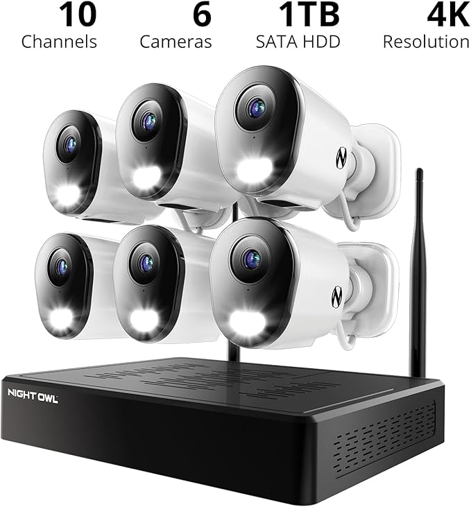 Night Owl 10 Channel Bluetooth Video Home Security Camera System with (6) Plug-in Wi-Fi 4K HD Indoor/Outdoor Spotlight Cameras with 2-Way Audio and 1TB Hard Drive (Expandable up to 10 Cameras)