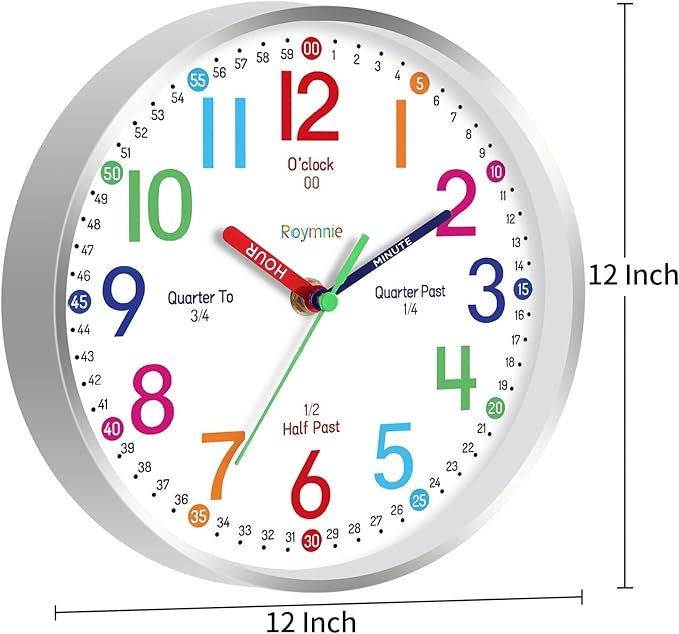 Wall Clock for Kids Learning to Tell Time Easily Non Ticking Battery Operated Kids Teaching Clock Silent Colorful Teaching Time Clock Decorative for Kids Room Classroom School (12 Inch)
