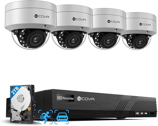 4COVR 4K Security Camera System, 4X 8MP IK10 Vandal-Proof Dome PoE IP Camera with Mic, AI Human Vehicle Detection, 8CH 4K H.265 NVR with 2TB HDD, IP67 Weatherproof Outdoor for Home, LY54AX8M0804-1