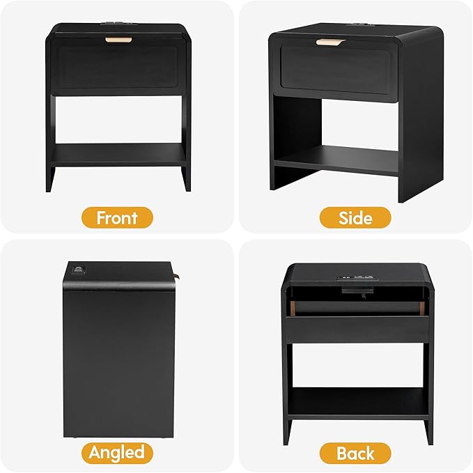 LEVNARY Nightstand Set of 2, Mid-Century Modern Bedside Table with Charging Station and Curved Top Corners, Wooden End Table for Farmhouse Bedroom Living Room (2, Black)
