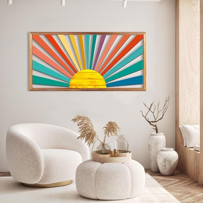 IARTTOP Large Boho Sun Wall Art Framed Wooden Art Wall Decor Sun Geometric Line Sunshine Wall Art for Living Room Bedroom Office 16"" x32, red