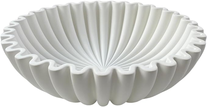 OAKOA Concrete Decorative Bowl - White Large Decorative Bowls for Home Decor - Coffee Table Bowl Decor - Scalloped Ruffle Centerpiece Bowl