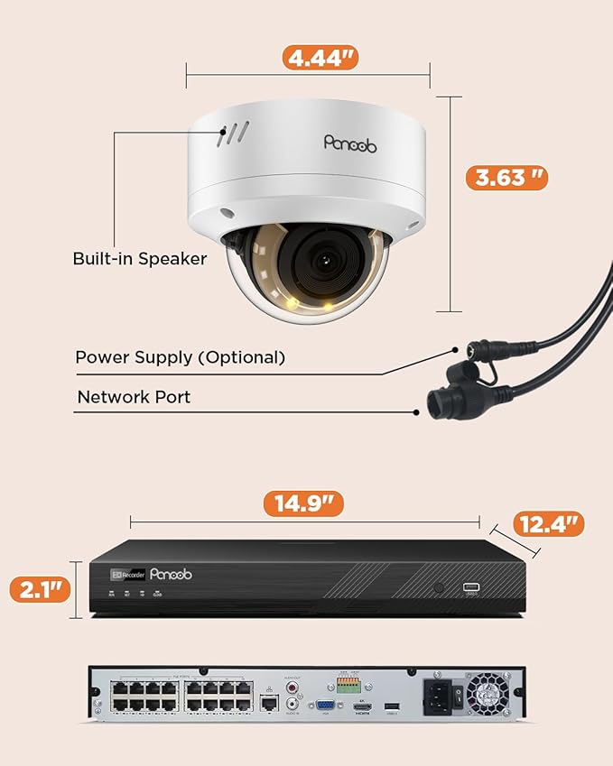 16 Channel Security Camera System, 12x 8MP IK10 Vandal Proof Dome Camera Outdoor, Human Vehicle Detection, Color Night Vision, 2 Way Audio 24-7 Recording, 4K 16CH NVR 4TB HDD, PD54Y1216-8M