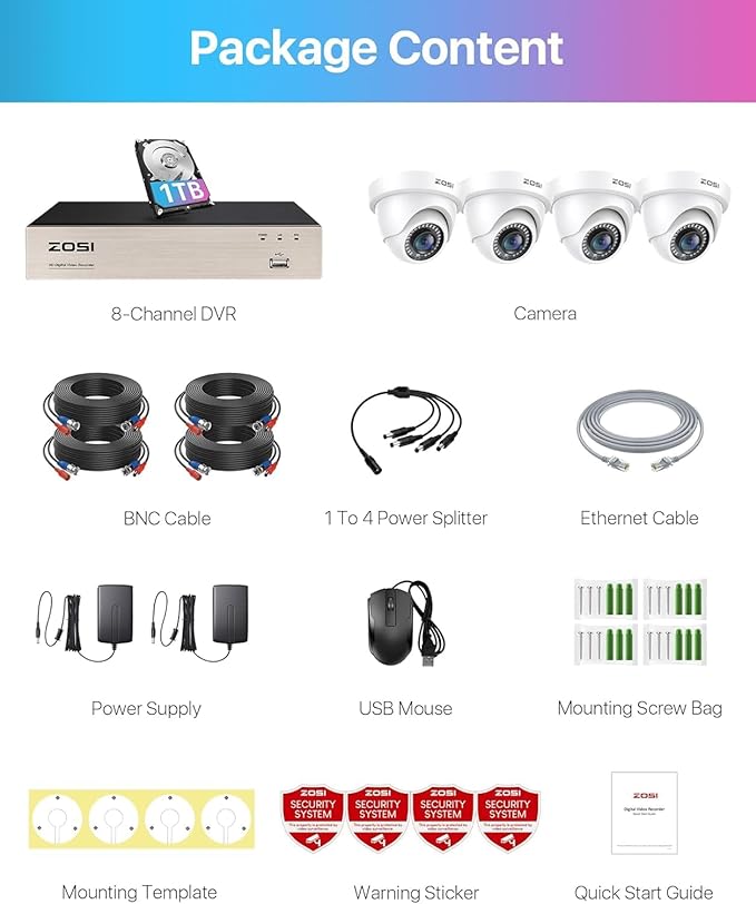 ZOSI 3K Lite Security Camera System with 1TB Hard Drive,AI Human/Vehicle Detection,Night Vision,H.265+ 8Channel HD TVI DVR Recorder,4pcs 1080P HD 1920TVL Indoor Outdoor Surveillance CCTV Dome Cameras
