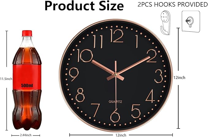Modern Silent Wall Clock - 12 Inch Wall Clocks Battery Operated Large Number, Non-Ticking Analog Clock with Tempered Glass Quartz Clocks for Living Room Bedroom Office Kitchen, Black Rose Gold