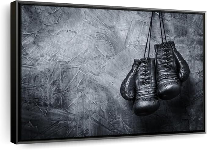 ElephantStock Boxing Gloves Wall Art - Horizontal Framed Canvas - 1-Piece Living Room Wall Decor - Photography Sports Canvas Print - Black and Gray Decor for Wall - 43" X 29"