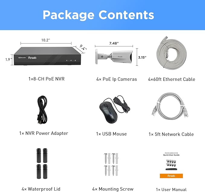 4K Security Camera System 8 Channel, 4X 8MP Wired Security IP Bullet Camera wih AI Human Vehicle Detection, 2-Way Audio, Spotlight Smart Color Night Vision, 4K 8CH NVR 2TB HDD, PB65A0408-8MD