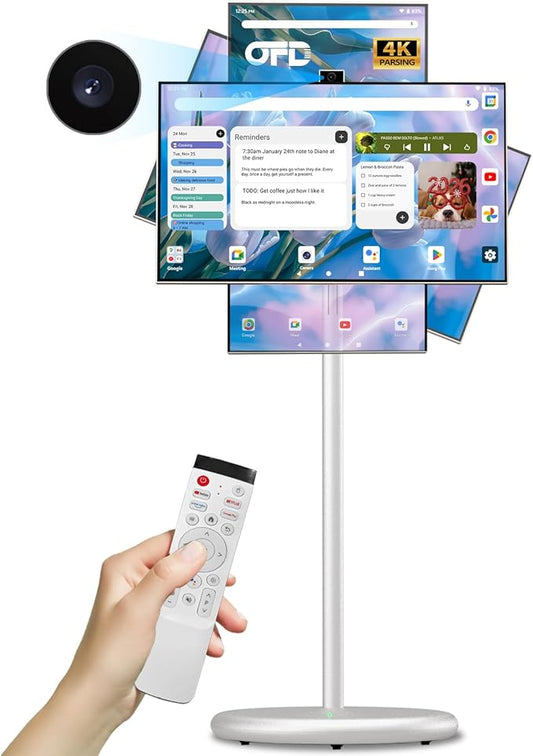 OFD 27 In Portable TV on Wheels 2nd Gen 1080P,Android 15 OS,6GB RAM+128GB ROM,100%sRG Swivel Rotation Smart Touchscreen,Rolling TV with 4K Webcam,USB-A-Remote,9000mAh Battery,EDLA-Certified,Off White