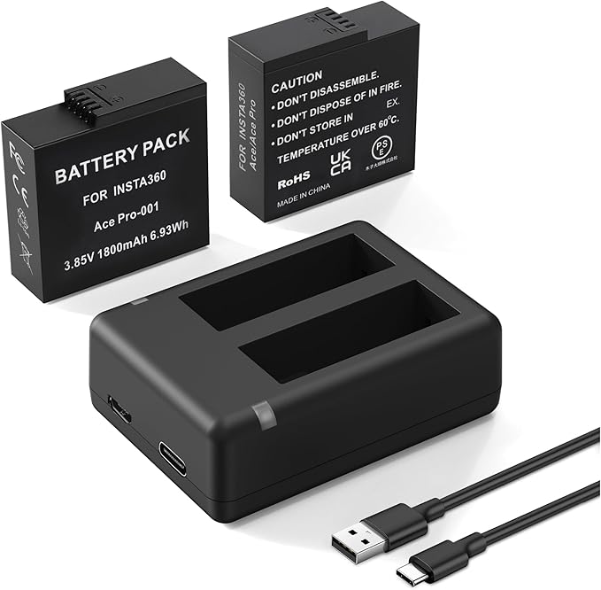 2 Packs 1800mAh Batteries for Insta 360 Action Camera, Compatible with Insta360 Ace Pro 2/Ace Pro/Ace Camera, with Dual Fast Charge Hub