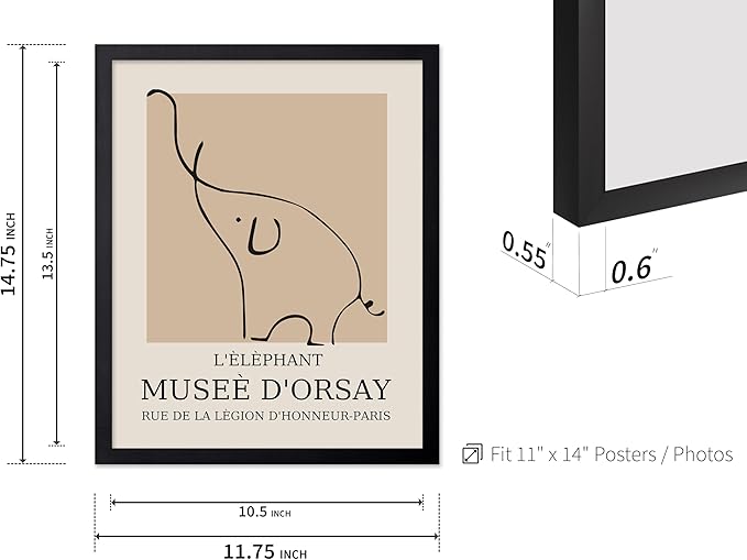 Poster Master Vintage Poster - Retro Minimalist Print - Gift for Artist, Housewarming - Elephant, Line Drawing, Sketch, Abstract - Wall Decor for Living Room, Bedroom, 11x14 Black Framed