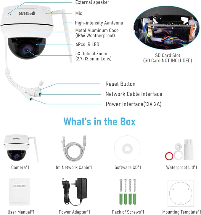 JideTech [Update] 5MP PTZ WiFi Camera Outdoor, 5X Zoom IP Dome Camera with Auto-Tracking, Human/Motion Detection, 2-Way Audio, 128G SD Card Slot, Night Vision, IP66 Waterproof