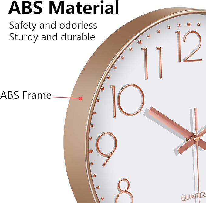 Silent Wall Clocks Battery Operated 8 Inch, Analog Wall Clock with Oversized Number Tempered Glass Clock Face, Rose Gold Quartz Non Ticking Wall Clocks for Living Room Bedroom Kitchen Office