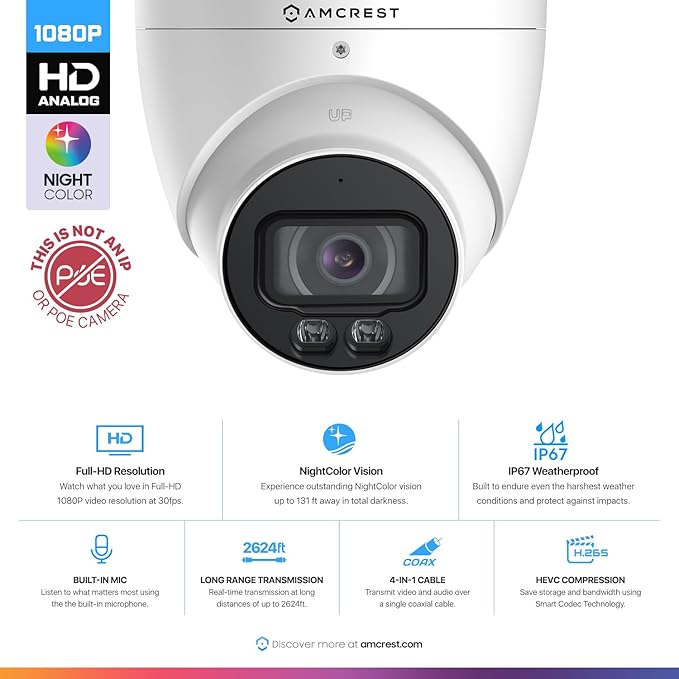 Amcrest Night Color Turret Analog Camera w/ 131ft Full Color Nightvision, Security Camera Outdoor for CCTV DVR, Built-in Microphone, 127° FOV, 2MP@30fps AMC-NC-1080TC28-W-V3