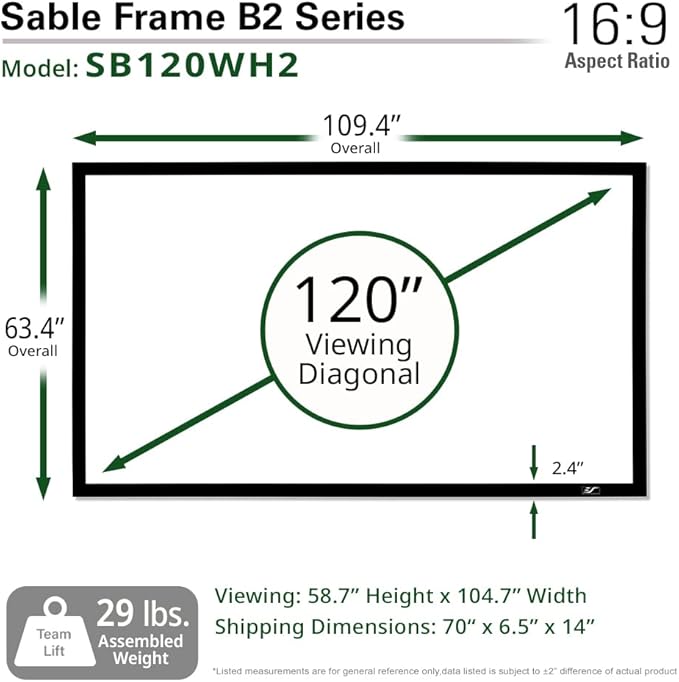 Elite Screens Sable Frame B2 Series 120-Inch 16:9 Projector Screen, Fixed Frame Wall Mounted, 4K/8K UHD & Active 3D, CineWhite UHD-B, ISF Certified, UST Compatible, SB120WH2-X