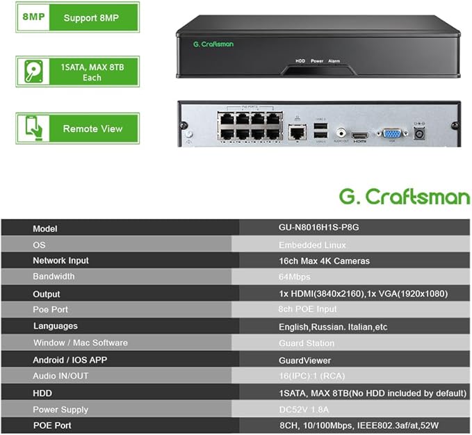8CH PoE NVR with 4K HDMI Output, H.265, Supports 8TB HDD, ONVIF, Smart Detection, for CCTV Security Camera