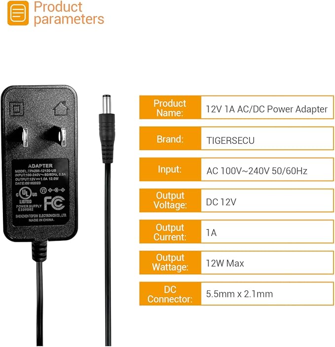 TIGERSECU UL Certified Security Camera AC/DC Power Adapter, 12V 1A 100V-240V 2.1x5.5mm Power Supply, Compatible with Lorex, Night Owl, Swann, ZOSI, Reolink, Annke IP and BNC Cameras (2-Pack)