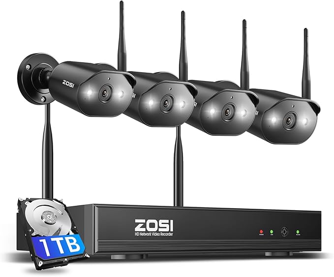 ZOSI 2K Wi-Fi 6 Security Camera System, 4PACK 3MP Plug-in WiFi Cameras Indoor Outdoor, Person Detection, Color Night Vision, 2 Way Audio, Light & Siren Alarms, Remote Monitoring, 8CH 4K NVR, 1TB HDD