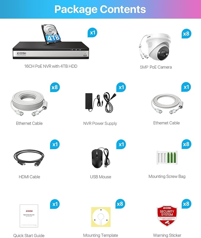 ZOSI 16CH 4K PoE Security Camera System,8X 5MP Outdoor Indoor PoE Cameras with 2-Way Audio,Person Vehicle Detection,Color Night Vision,16Channel 8MP NVR with 4TB HDD for Home Business 24/7 Recording