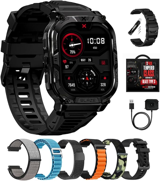CARBINOX Blaze Smart Watch Ultimate Pack with GPS, Rugged Fitness Tracker Waterproof IP69K, Compatible with Android and iOS, 170+ Sports Modes, Make/Receive Calls (Square)