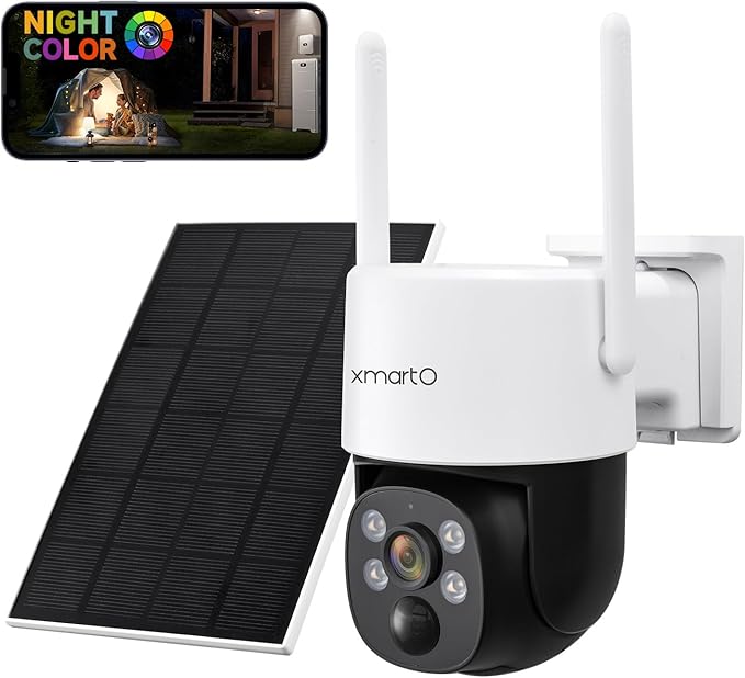 xmartO [Night Color QHD Solar Powered Wire-Free Home PTZ Security Camera Wireless Outdoor (Eternal Solar Power, Thermal Motion Detection, Spot Lights and Siren, Compatible with WiFi/Bluetooth)