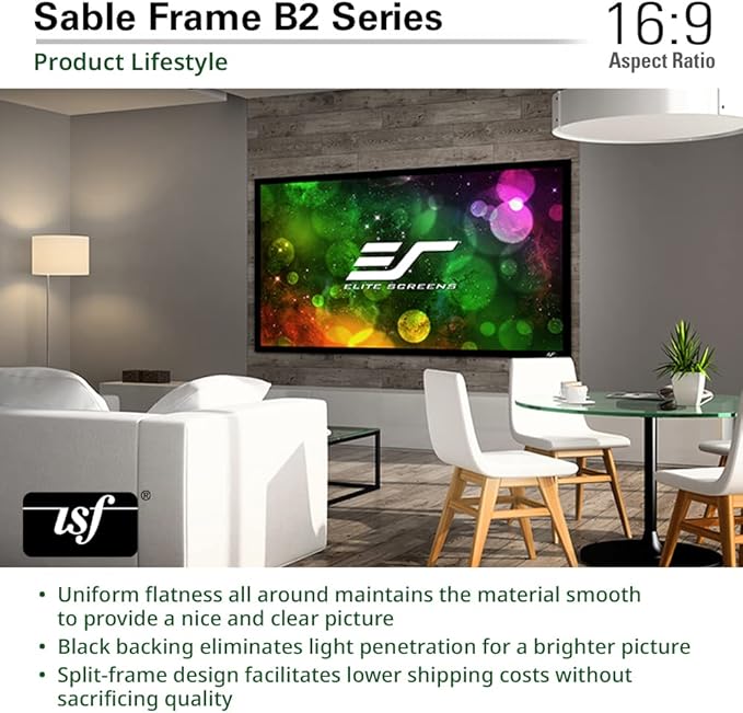 Elite Screens Sable Frame B2 Series 120-Inch 16:9 Projector Screen, Fixed Frame Wall Mounted, 4K/8K UHD & Active 3D, CineWhite UHD-B, ISF Certified, UST Compatible, SB120WH2-X