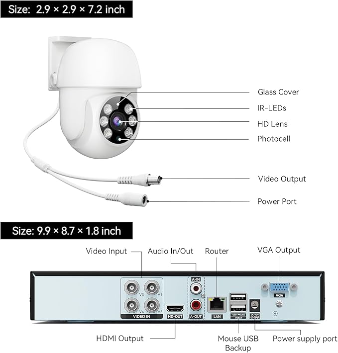 Wired Security Camera System Outdoor, 4pcs Pan/Tilt CCTV Cameras and 4CH 5MP Lite AHD TVI DVR (500GB HDD), 360° View Surveillance DVR Kit, Motion Detection, 24/7 Recording, Remote Access