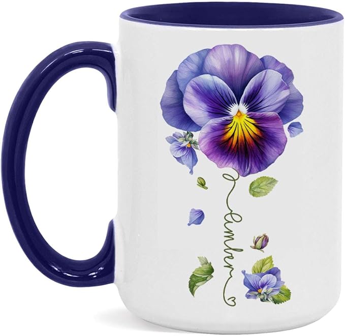 Pansy Design Ceramic Cup, Personalized Name Flower Themed Mug, Custom Coffee Cup For Pansy Flower Lover, Customized Floral Accent Mug 11oz 15oz, Pansy Cup Gift For Daughter
